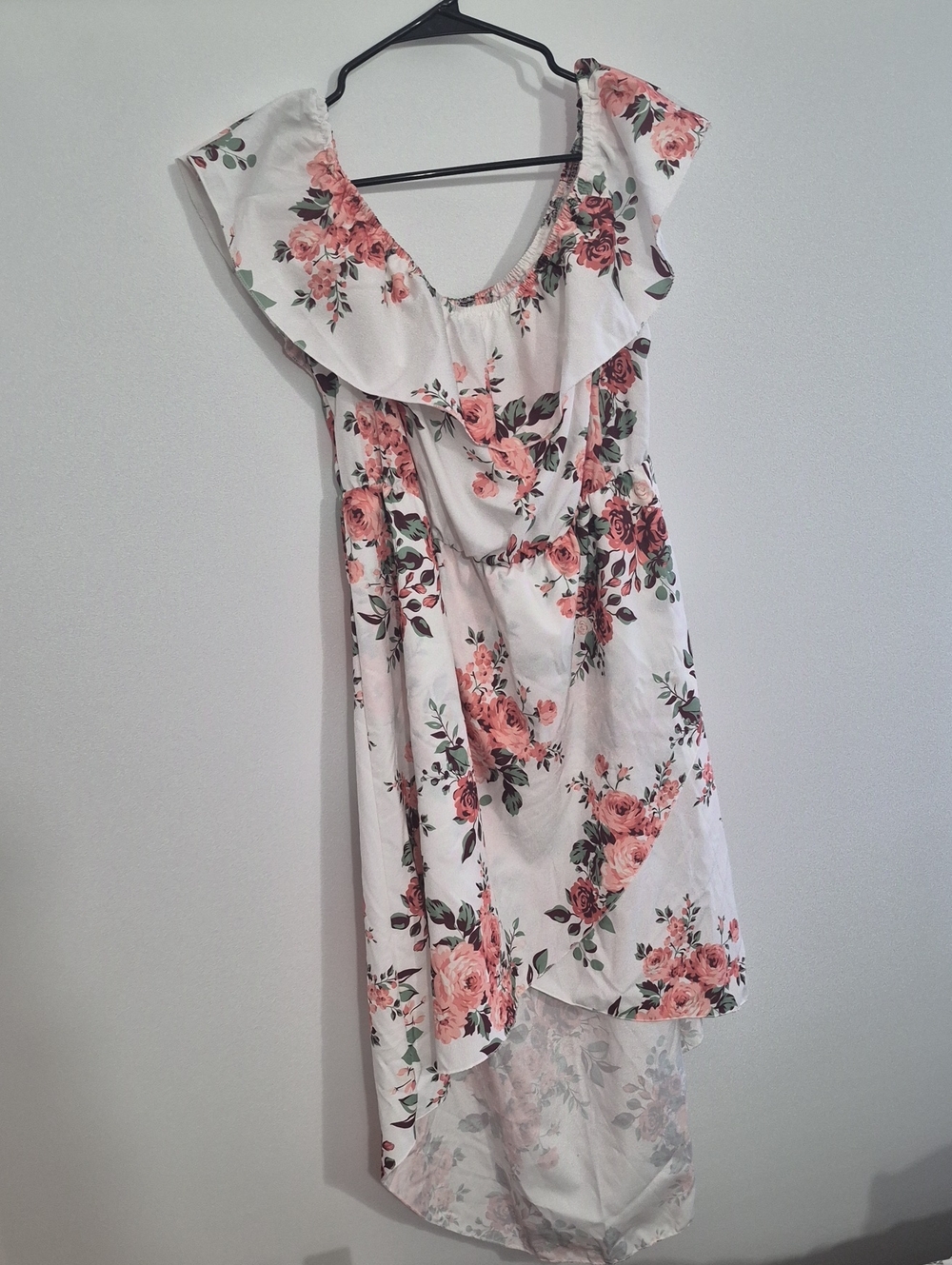Floral Ruffle High-Low Dress - White with Pink Rose Print